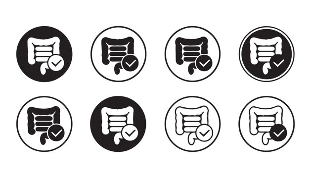 Digestive system wellness icons with colon health checkmark symbols and medical circle illustrations.