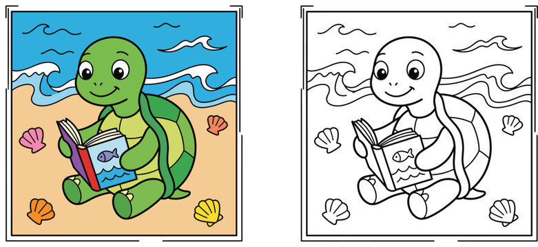 Cute cartoon sea turtle reading a book on the beach, vector illustration and coloring page template for children activity worksheet