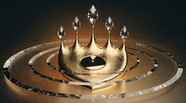 Gold crown with crystal points centered on reflective rings, luxury jewelry crown with diamond tips and liquid metal texture conveying elegance