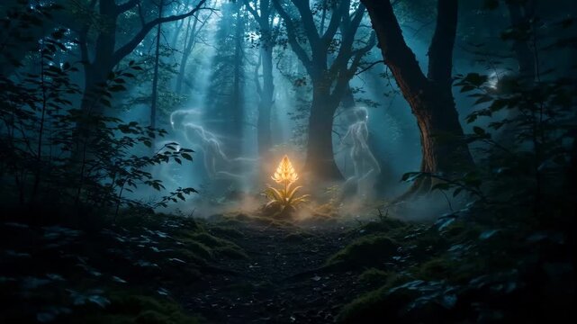Glowing mysterious fern flower in night forest at Ivan Kupala. Spectral spirits floating around magical plant in dark woods. Slavic folklore fantasy tradition.