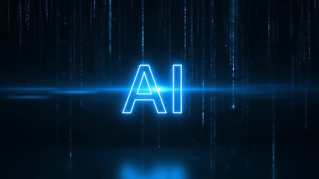 Ai text logo with glowing blue neon light effect and digital data rain background