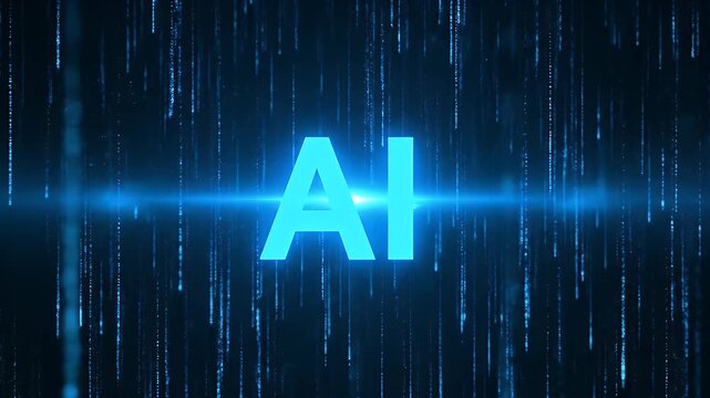 Ai artificial intelligence text animation with glowing blue digital rain effect
