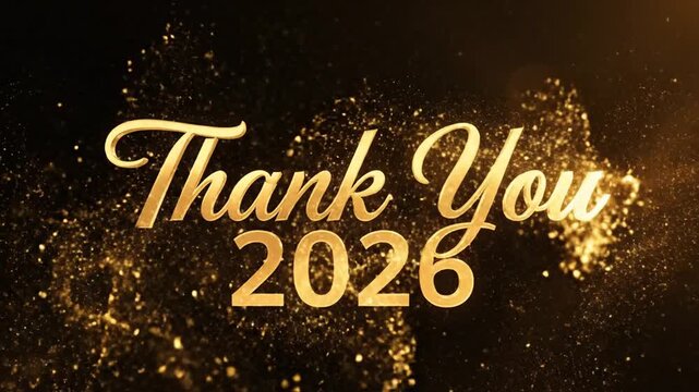 Elegant gold thank you 2026 greeting card design with sparkling particles on black background.