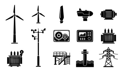 Fototapeta premium Wind Energy Generation and Power Grid Infrastructure Icon Set Featuring Wind Turbines Anemometer Transformers Pylon Monitor and Mechanical Components Vector Graphic