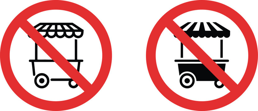 No street vending icons, prohibition signs restricting food stalls, mobile vendors and public market activities for safety and compliance.