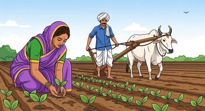 Indian Farmer Couple Working in Agricultural Field Planting Saplings and Plowing Soil with Bullock Illustration