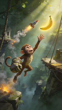 Cute little monkey wearing a stone gauntlet reaching for a flying banana in a fantasy jungle