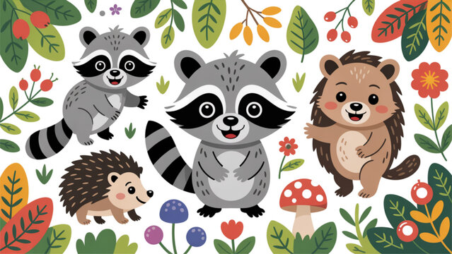 Colorful cartoon animals and plants in a playful pattern design