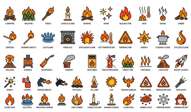 Fire flame icon set with editable stroke modern vector collection