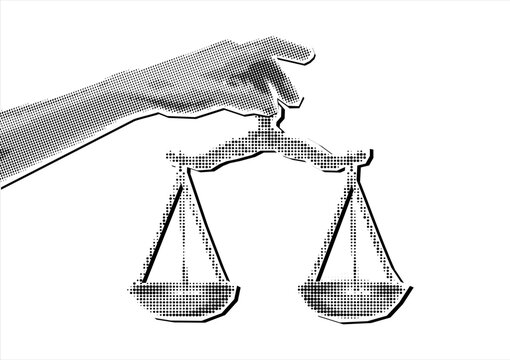 Trendy Collage hand holding weight scale. Symbol for world day of social justice. Trendy newspaper cut out paper elements. Vector illustration