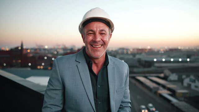 Face, man and engineer on balcony with smile, inspection and architecture for infrastructure. Portrait, mature person and contractor on rooftop, positive attitude and quality control for construction