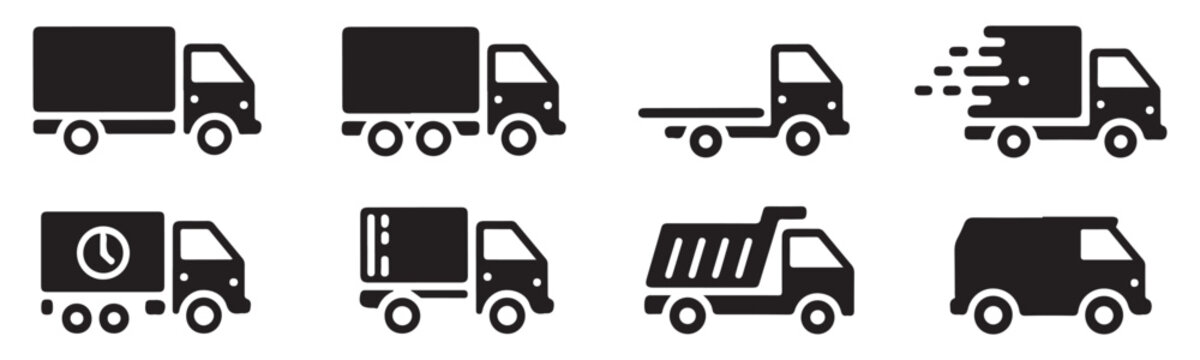 Assorted delivery truck and transport vehicle icon set for logistics and shipping business applications.