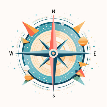 Stylized Compass Rose with Geometric Shapes and Celestial Elements