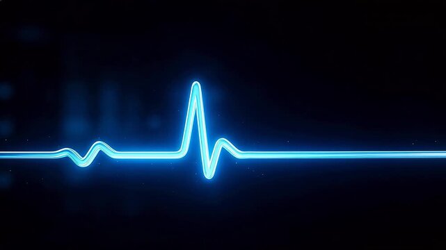 Blue neon heart rate line on dark background
