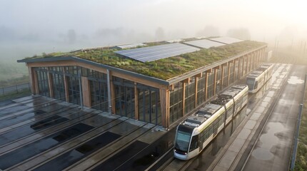 Obraz premium Modern Tram Depot with Green Roof: A contemporary tram depot features a lush green roof with solar panels, surrounded by morning mist.