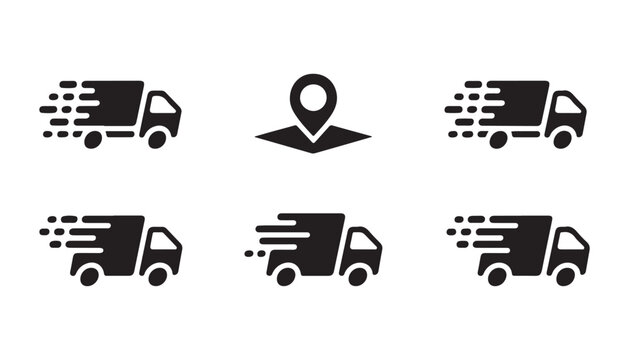 Set of delivery truck icons with speed lines and a location pin, fast shipping concept.