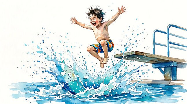 Joyful young boy leaps from diving board into splashing water in watercolor style