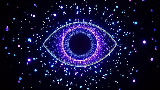 Glowing digital eye on black background