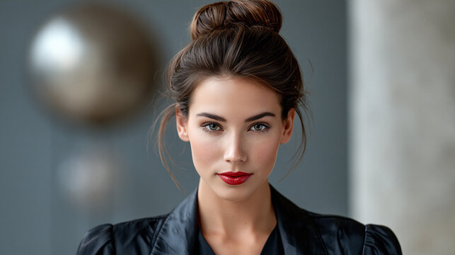 easy donut hair bun for any hair length with sexy facial expression, simple donut bun hairstyle tutorial with attractive woman portrait, elegant female portrait with easy hair bun styling for any hair
