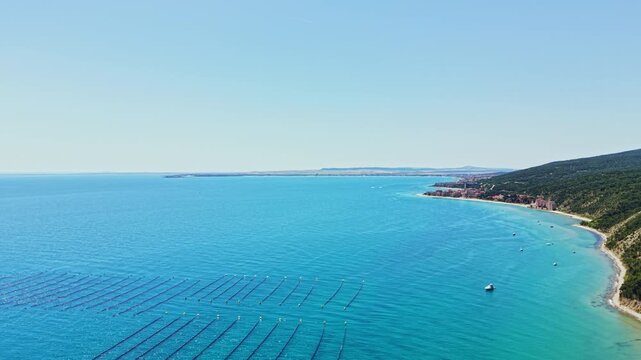 Mussel farm shows several rectangular rafts in the ocean surrounded by clear blue water under a bright sky. Boats are nearby in the distance near the shore.