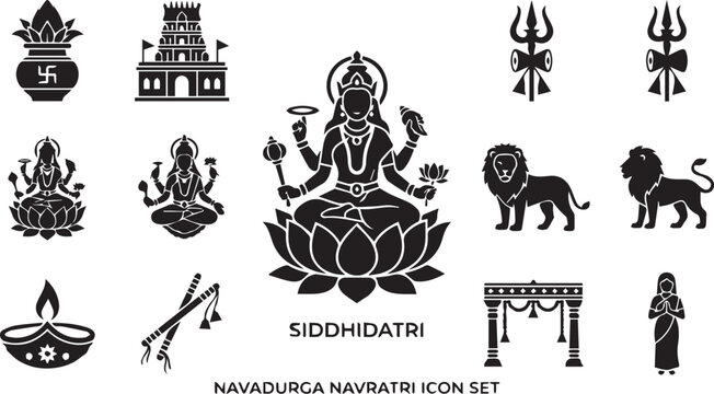 Siddhidatri Navadurga Navratri Vector Icon Set with Goddess Durga, Lakshmi, Temple, Trishul, Lion, Diya and Hindu Festival Symbols