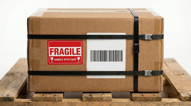 Cardboard box with fragile sign and barcode on wooden pallet. Secure package ready for shipment and delivery.