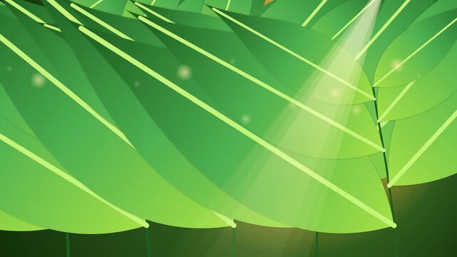 Abstract stylized animation of organic green leaves with light rays and glowing particles in a peaceful forest setting