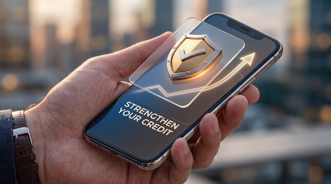 Smartphone with credit shield icon, strengthening credit concept, financial security, mobile banking