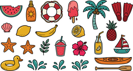 Retro Summer Beach Icon Set with Watermelon Sunscreen Lifebuoy Palm Tree Pineapple Sailboat and Kayak Vector Illustration © MST