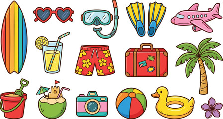 Summer Vacation Travel Icon Set with Surfboard Sunglasses Snorkel Airplane Suitcase Palm Tree and Beach Toy Vector Illustration © MST