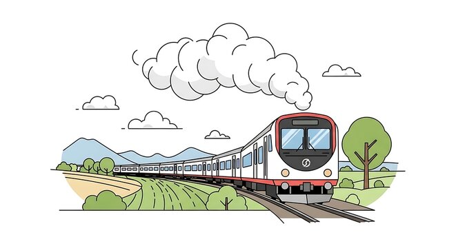 Cartoon illustration of a train journey through countryside.