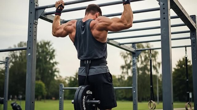 Muscular Man Performing Weighted Pull-Ups in Outdoor Gym.