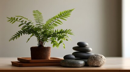 Obraz premium Tranquil spa display featuring smooth stones lush greenery and warm wooden textures promoting deep relaxation and wellness