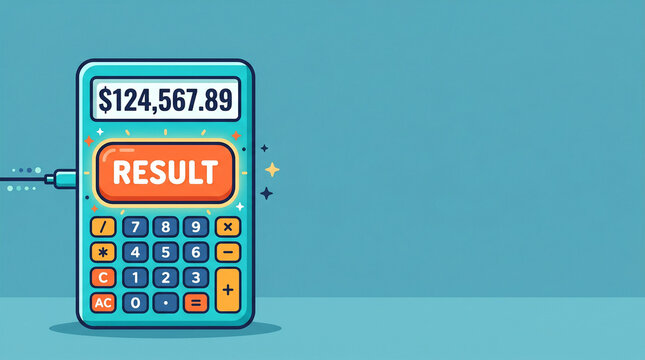 A digital calculator displaying a financial total of 12456789 with a prominent result button and an attached cable for computing calculations in a bright blue environment for business accounting