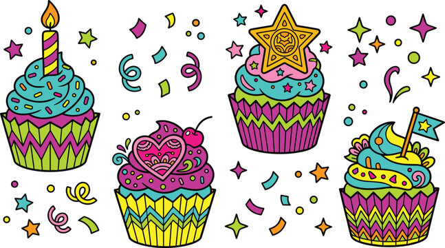 Vibrant Birthday Cupcake Icon Set with Candle Star Heart Confetti and Colorful Frosting Party Vector Illustration