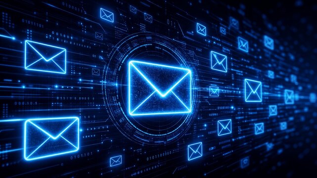 Cybernetic email icons glow against a dark, digital backdrop. Light trails pulse around floating message symbols in a futuristic grid