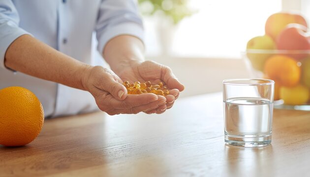 A senior person holding a handful of golden gel capsules over a wooden table next to a glass of water and fresh orange fruit, representing health supplements and wellness
