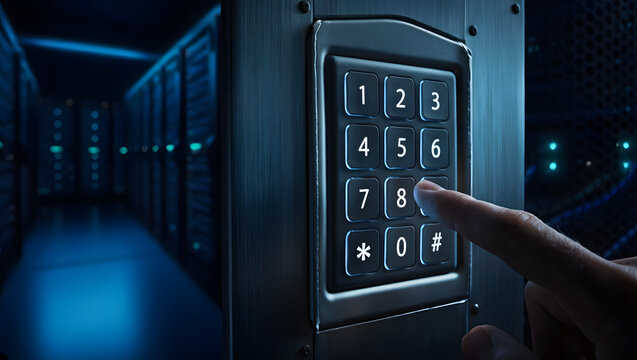 A finger entering a pin code on a digital keypad lock to access a high-security server room data center, with rows of dark computer mainframes in the blurry background