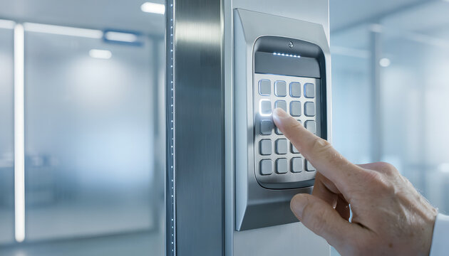 A close-up of a hand pressing a code button on a metallic electronic security keypad to access a modern secure office or laboratory room with bright blurry indoor background