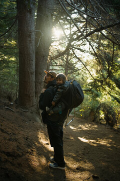 Hiking Trail With Adult Carrying Child on Back in Forest