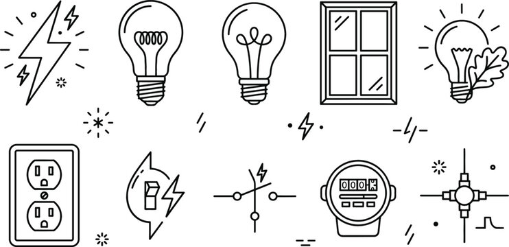 Electricity and power line icon vector set featuring light bulbs outlet window smart meter and circuit schematic elements
