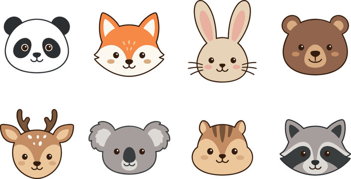Cute Animal Face Icon Set with Panda, Fox, Rabbit, Bear, Deer, Koala, Chipmunk, and Raccoon for Kids and Nursery Designs