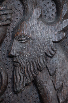 Detail of a Tudor bench end at Altarnun Church Cornwall