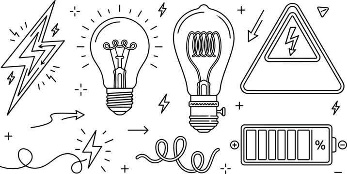Electricity and power line icon vector set featuring lightning bolt light bulbs warning sign and full battery indicator