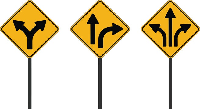 Road navigation icons, traffic direction arrows and warning signs for route guidance, transportation, driving and highway safety.