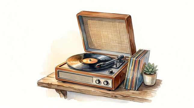 Vintage record player with vinyl records and a succulent plant on a wooden shelf