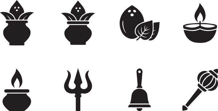 Hindu Puja Symbols Vector Icon Set Featuring Kalash, Diya, Trishul, Bell, Mace, Coconut and Sacred Festival Elements