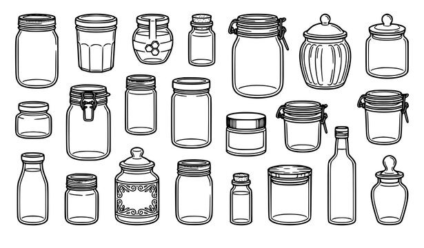Jar Collection in Line Art Style Black and White Glass Container Vector Set