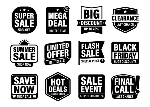 Set of black and white sale promotion badges, discount labels, and shopping tags on a white background