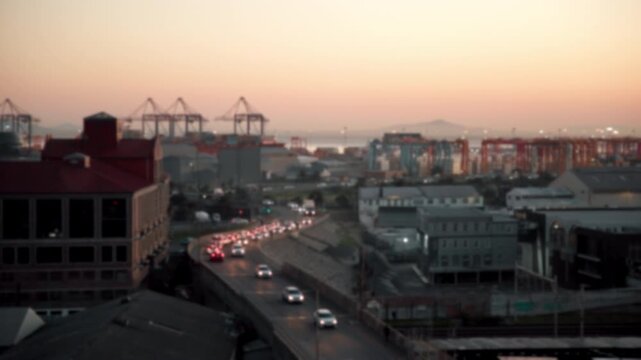 City, cars or night with road traffic in urban settlement of local destination or landmark. Vehicle, path or street in late evening with buildings, sky or space for transportation or infrastructure